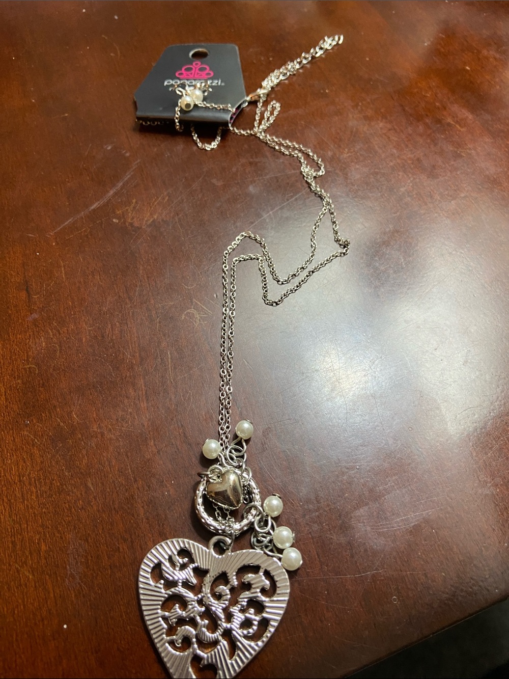 paparazzi Silver Heart Filigree Pendant Necklace with Pearl Accents